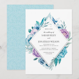 Invitación a la boda morada y floral azul