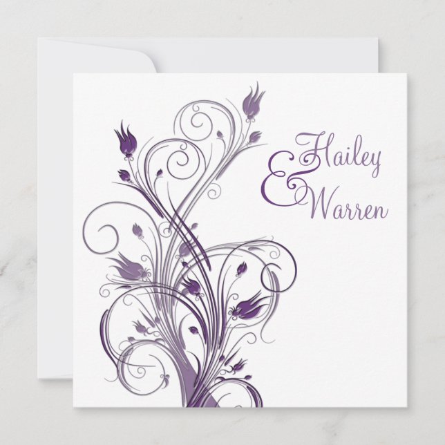 Invitación a la boda morada y floral blanca (Anverso)