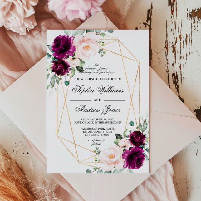 Invitación a la boda morada y floral rosa rosa de  (Subido por el creador)