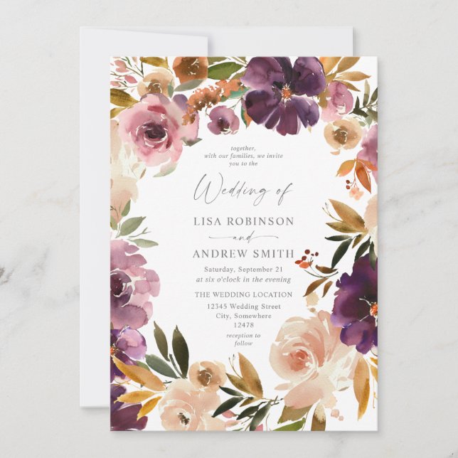 Invitación a la boda morada y floral rosa Rubor (Anverso)