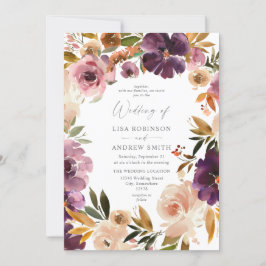Invitación a la boda morada y floral rosa Rubor