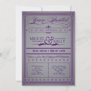 Invitación a la boda morada y gris metálica