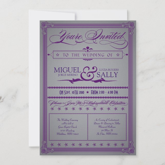 Invitación a la boda morada y gris metálica (Anverso)