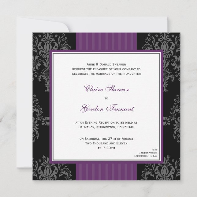Invitación a la boda morada y negra (Anverso)