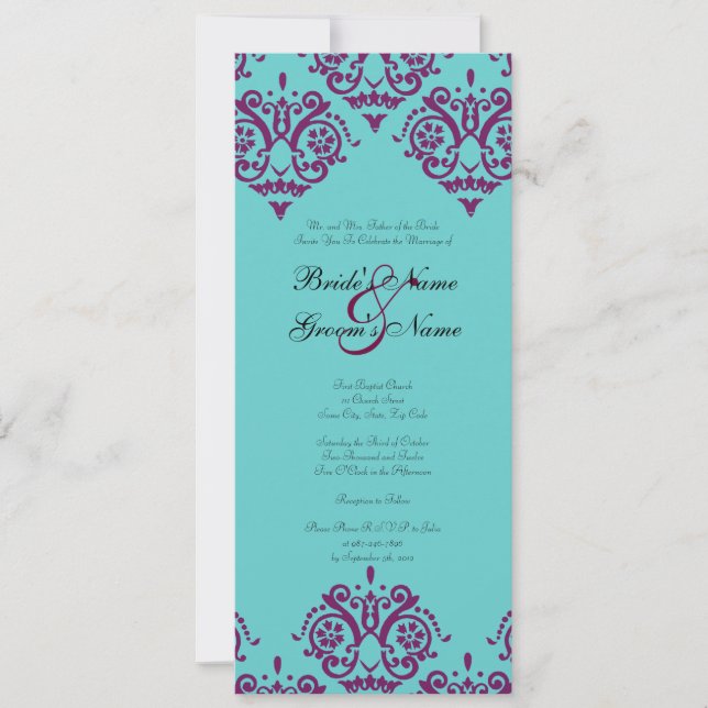 Invitación a la boda morada y Verde azulada (Anverso)