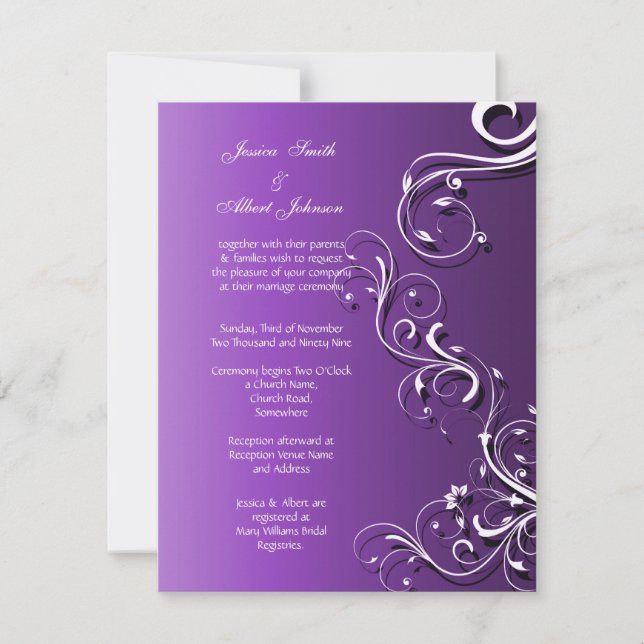Invitación a la boda Morado Floral Cute Swirls (Anverso)