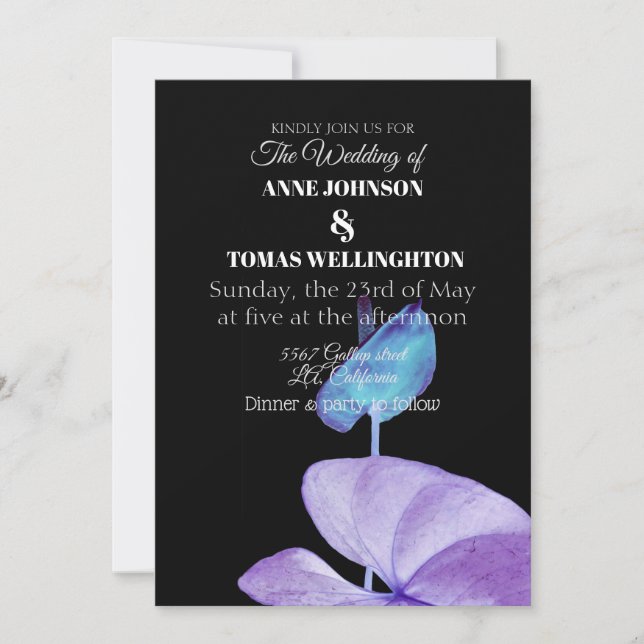 Invitación a la boda, morado y negro (Anverso)