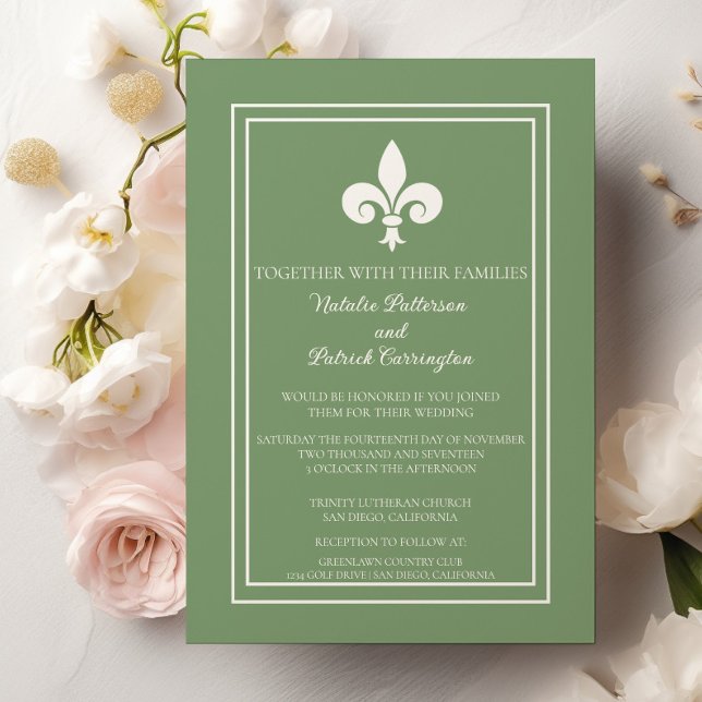 Invitación a la boda Moss Green Fleur de Lis (Moss Green Fleur de Lis Wedding Invitation)