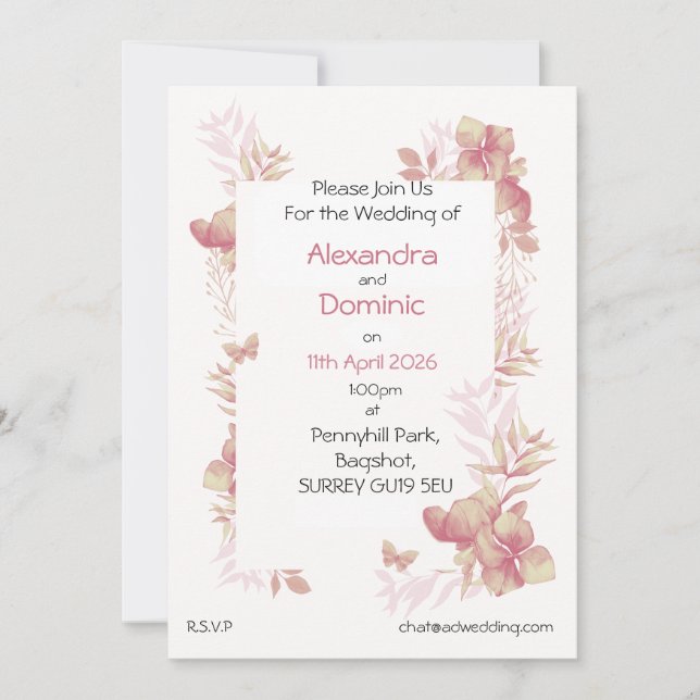Invitación a la boda - moto de mariposa floral ros (Anverso)