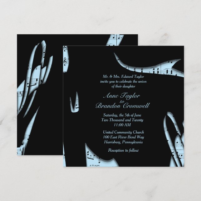 Invitación a la boda musical con el resumen azul e (Anverso / Reverso)