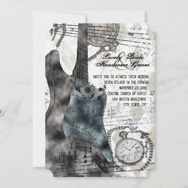 Invitación a la boda musical de la guitarra Steamp (Anverso)