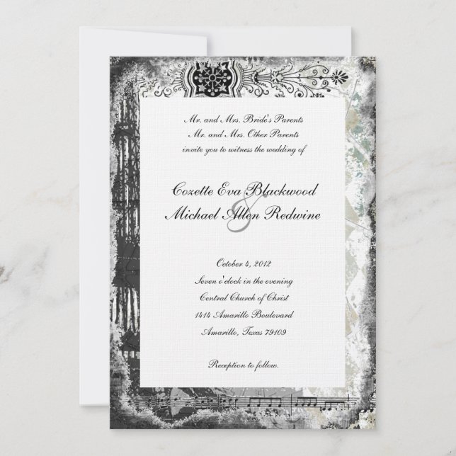 Invitación a la boda musical de la Torre Eiffel de (Anverso)