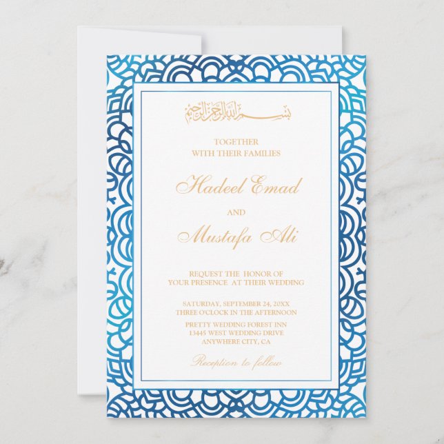 invitación a la boda musulmana azul (Anverso)