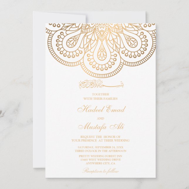 Invitación a la boda musulmana blanca y de oro (Anverso)