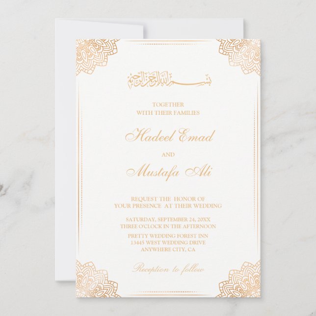 Invitación a la boda musulmana blanca y de oro (Anverso)