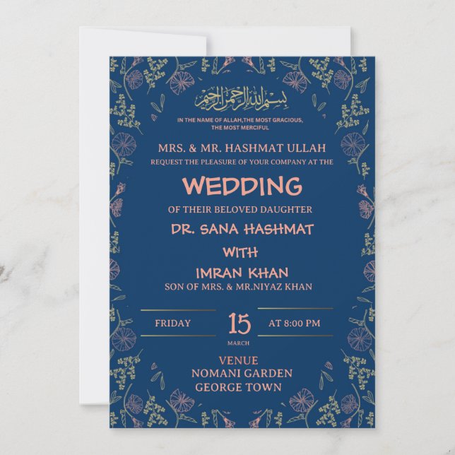 Invitación a la boda musulmana con flores de abeja (Anverso)