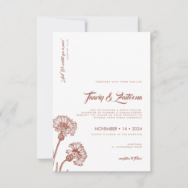 Invitación a la boda musulmana con flores de Terra (Anverso)