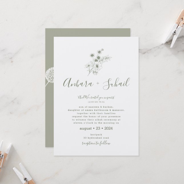 Invitación a la boda musulmana de Sage Green Flora (Anverso/Reverso In Situ)