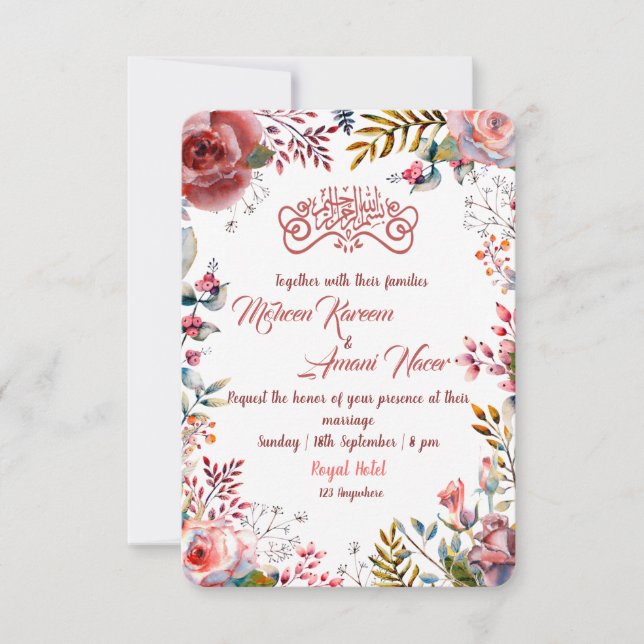 Invitación a la boda musulmana floral rosada moder (Anverso)