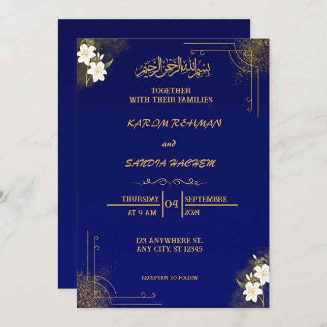 Invitación a la boda musulmana islámica Royal Blue (Anverso / Reverso)