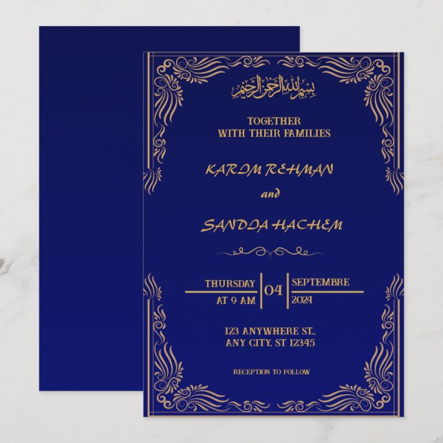 Invitación a la boda musulmana islámica Royal Blue (Anverso / Reverso)