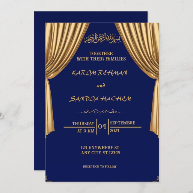 Invitación a la boda musulmana islámica Royal Blue (Anverso / Reverso)