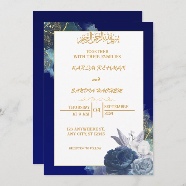 Invitación a la boda musulmana islámica Royal Blue (Anverso / Reverso)