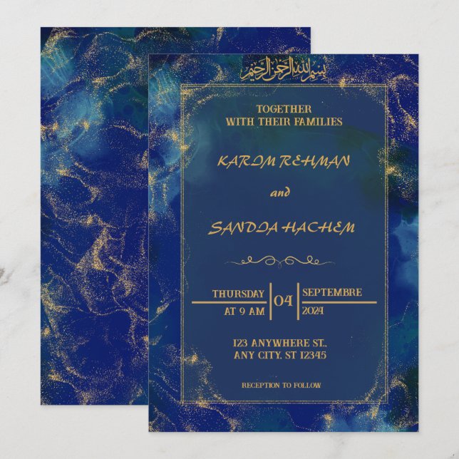 Invitación a la boda musulmana islámica Royal Blue (Anverso / Reverso)