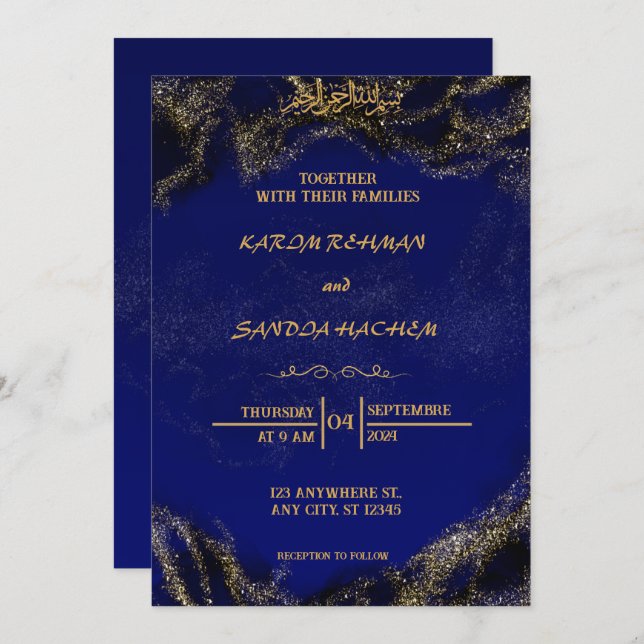 Invitación a la boda musulmana islámica Royal Blue (Anverso / Reverso)