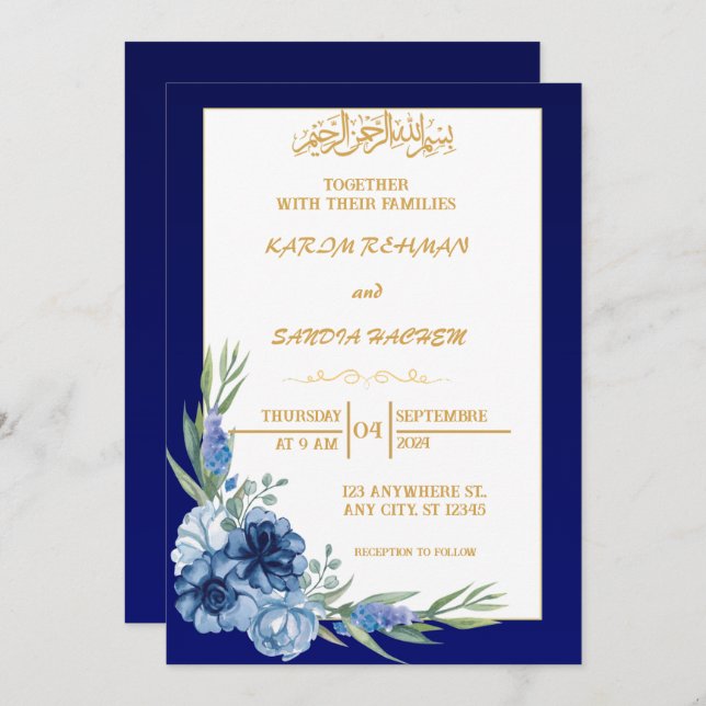 Invitación a la boda musulmana islámica Royal Blue (Anverso / Reverso)