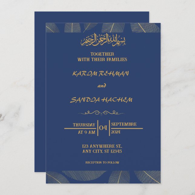 Invitación a la boda musulmana islámica Royal Blue (Anverso / Reverso)