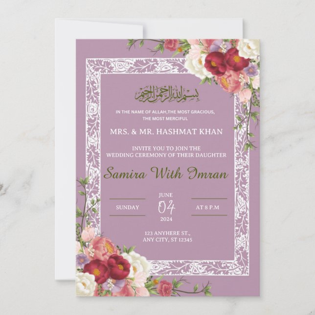 Invitación a la boda musulmana rosa floral Lilac (Anverso)