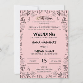 Invitación a la boda musulmana rosa y negra