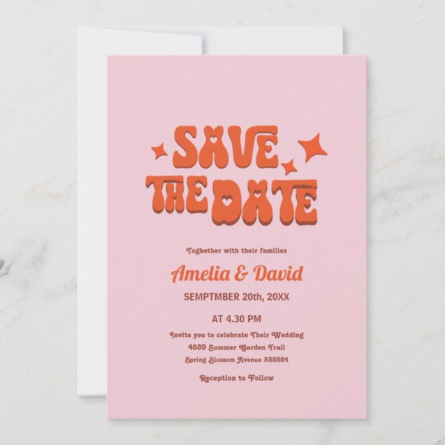 invitación a la boda naranja, rosa y groovic retro (Anverso)