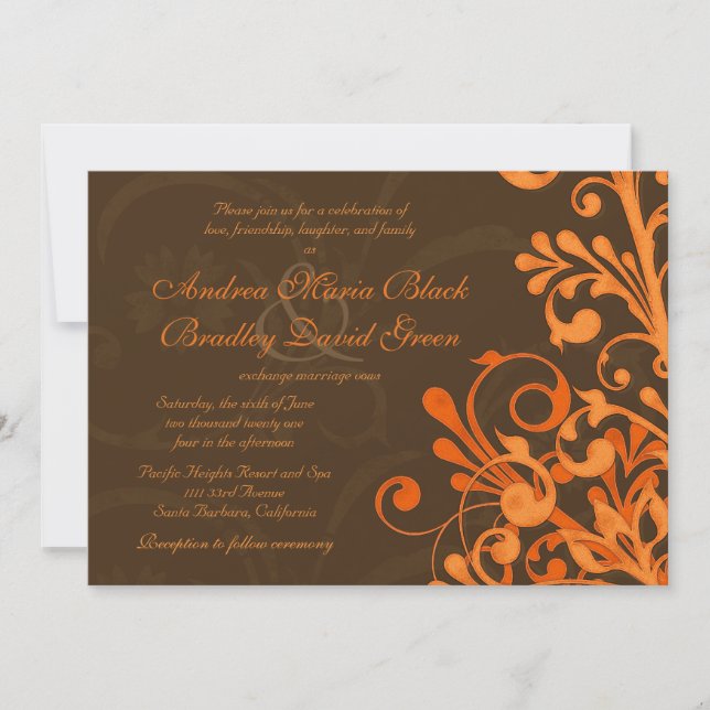 Invitación a la boda naranja y marrón floral de ot (Anverso)