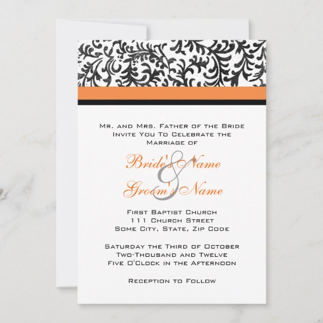 Invitación a la boda naranja y negra (Anverso)