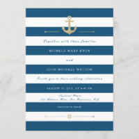 Invitación a la boda náutica a rayas blancas azule