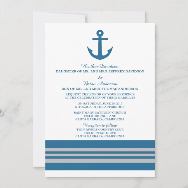 Invitación a la boda náutica azul gris (Anverso)
