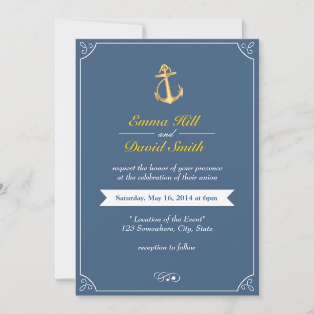 Invitación a la Boda Náutica Azul Real Anchor de O (Anverso)