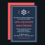 Invitación a la boda náutica azul y coral de la Ma<br><div class="desc">Invitación a una boda azul marino oscuro y coral con un ilustracion de casco blanco entre las iniciales de la novia y el novio. Es perfecto para bodas náuticos o bodas con temática marina y oceánica.</div>