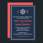Invitación a la boda náutica azul y coral de la Ma<br><div class="desc">Invitación a una boda azul marino oscuro y coral con un ilustracion de casco blanco entre las iniciales de la novia y el novio. Es perfecto para bodas náuticos o bodas con temática marina y oceánica.</div>