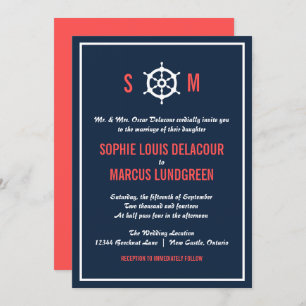 Invitación a la boda náutica azul y coral de la Ma