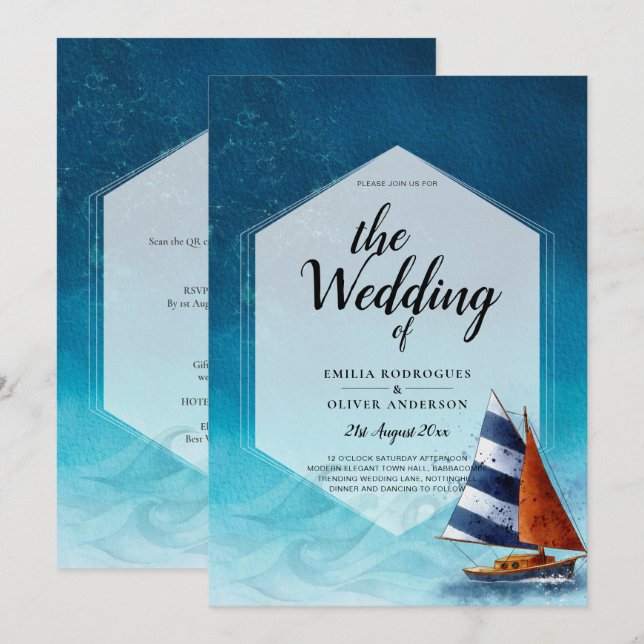 Invitación a la boda náutica con barco de vela (Anverso / Reverso)