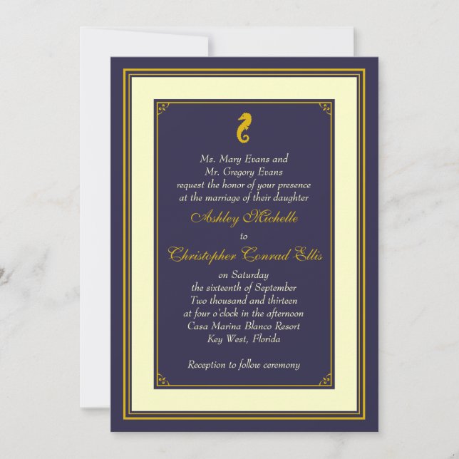Invitación a la boda náutica con caballito de mar  (Anverso)