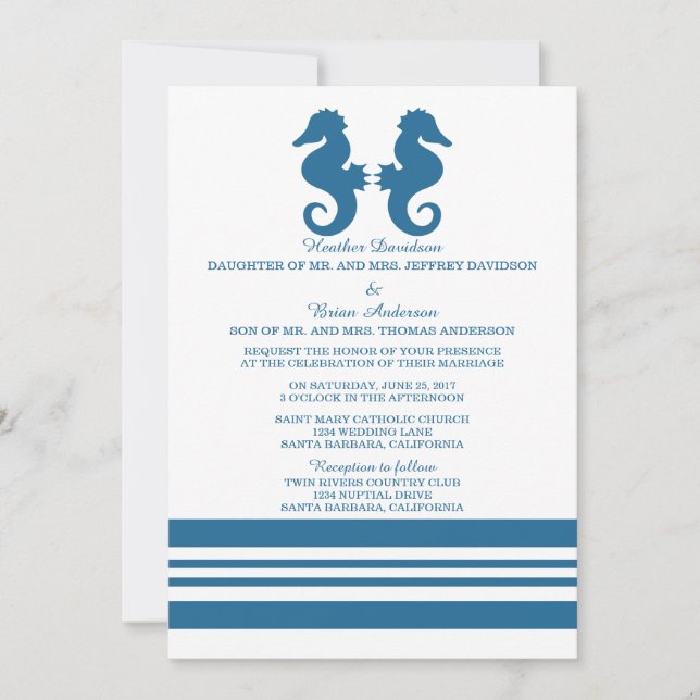 Invitación a la boda náutica con caballito de mar (Anverso)