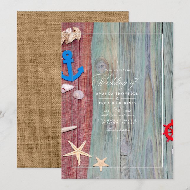 Invitación a la boda náutica en una playa de veran (Anverso / Reverso)