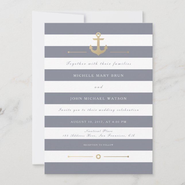 Invitación a la boda náutica gris a rayas blancas (Anverso)