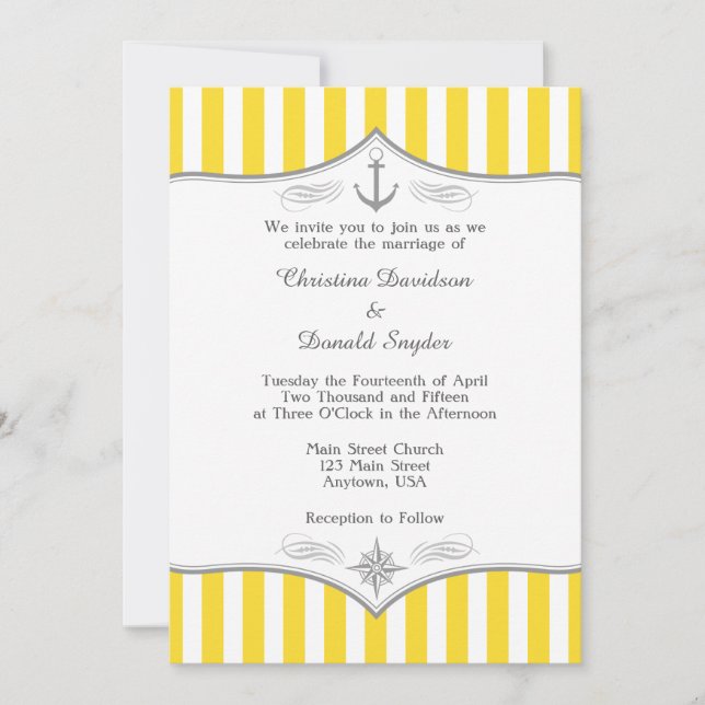 Invitación a la boda náutica gris-amarilla (Anverso)