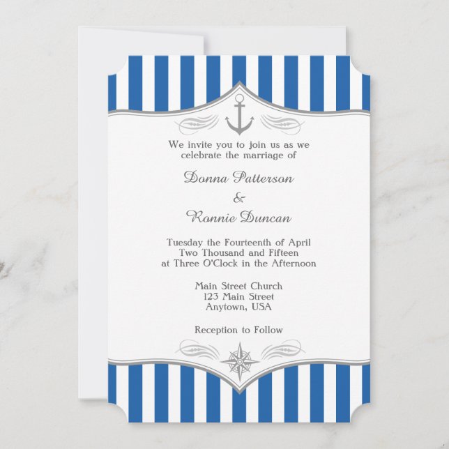 Invitación a la Boda Náutica Gris Azul (Anverso)