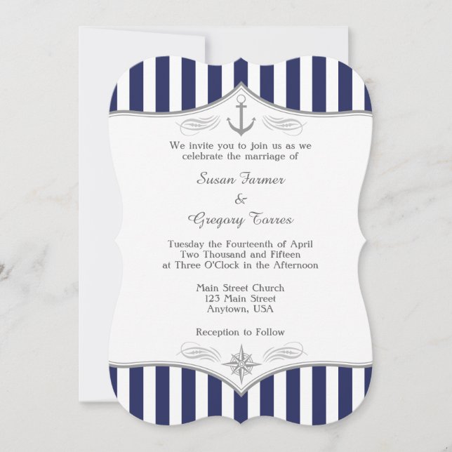 Invitación a la boda náutica gris azul de la Marin (Anverso)